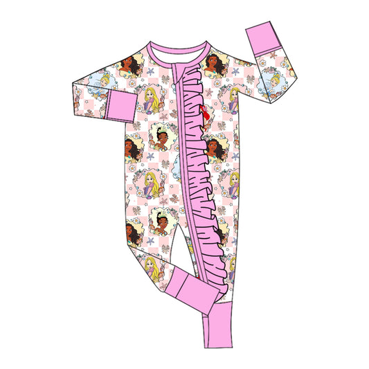 (Custom Design Preorder MOQ 5 ) Cartoon Princess Flowers Plaid Print Baby Girls Zipper Sleeper Romper