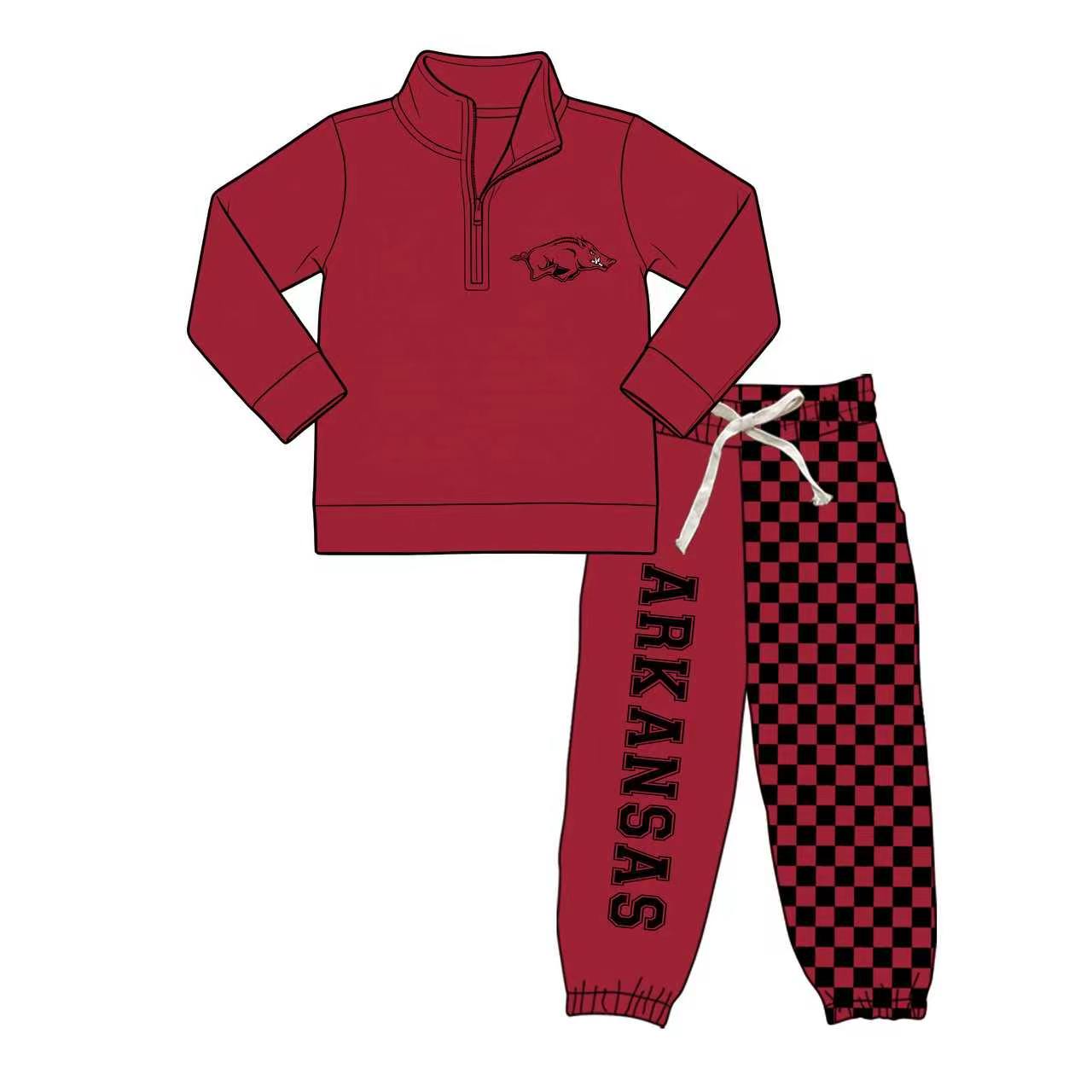(Custom Design Preorder MOQ 5) Teams Arkansas Wine Zipper Pullover Top Joggers Pants Boys Fall Clothes Set