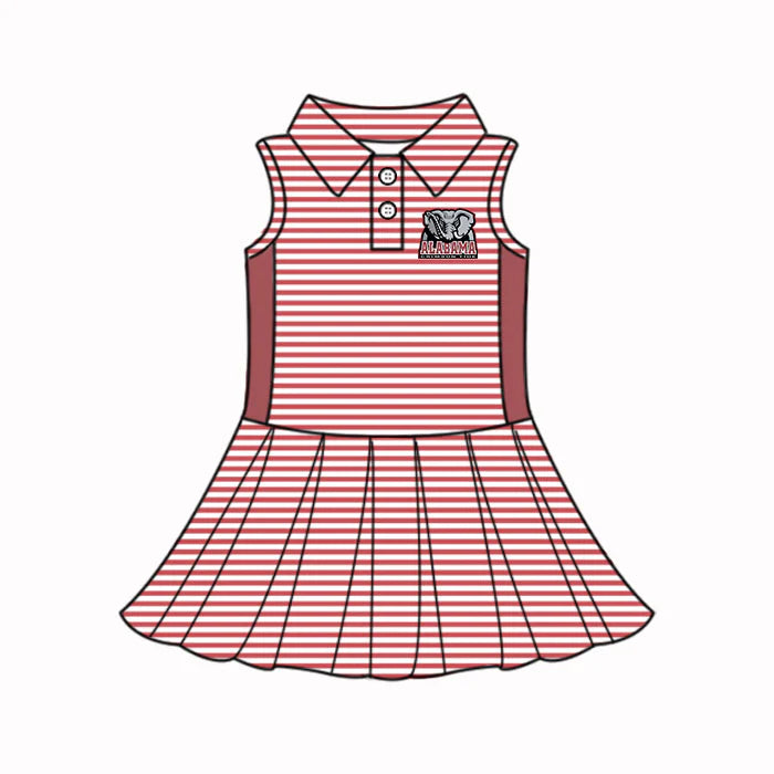 (Custom Design Preorder MOQ 5) Baby Girls Red Stripe Alabama Elephants Button Team Knee Length Dresses