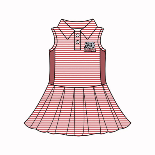 (Custom Design Preorder MOQ 5) Baby Girls Red Stripe Alabama Elephants Button Team Knee Length Dresses