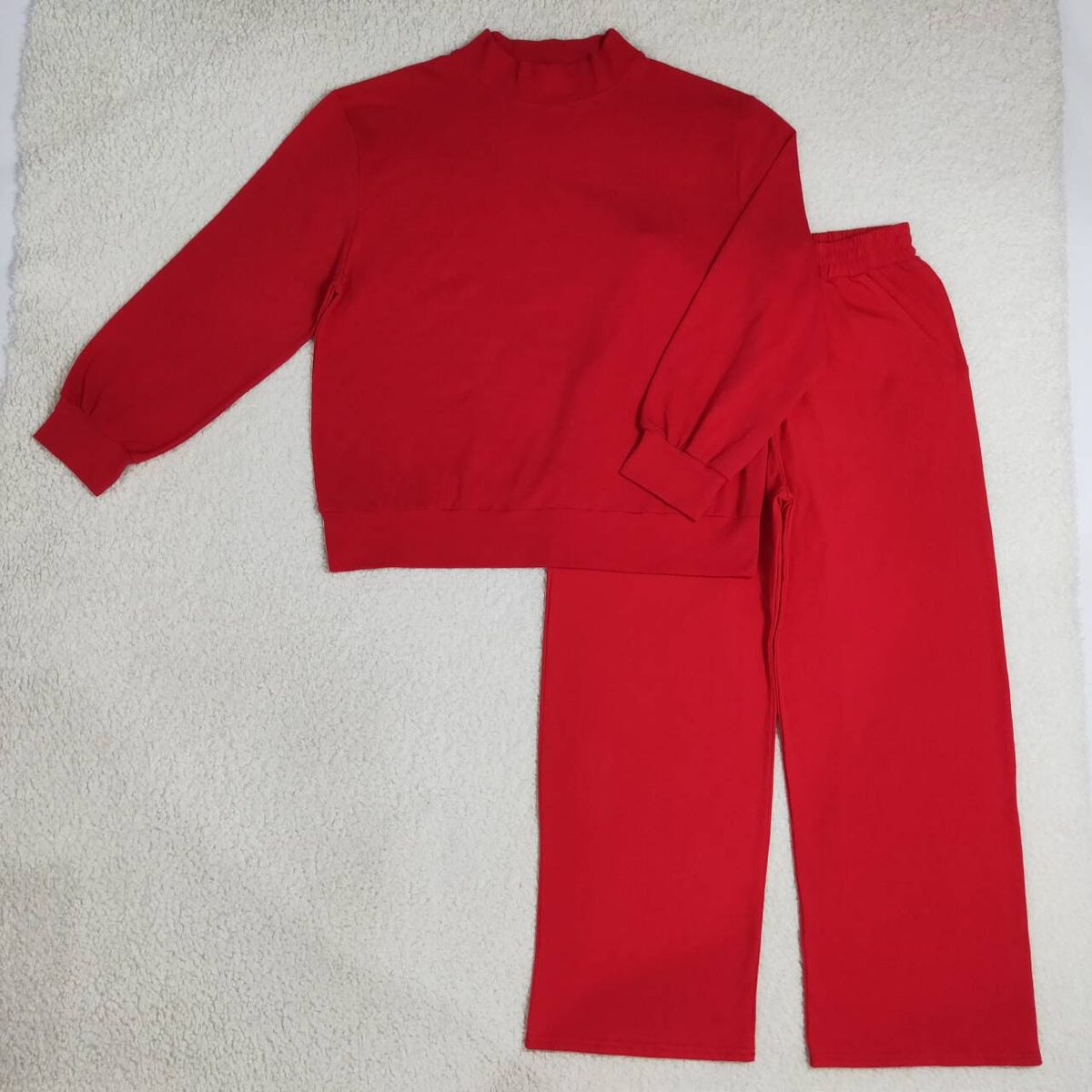 Red Color Long Sleeve Top Pocket Pants Woman Cotton Clothes Set