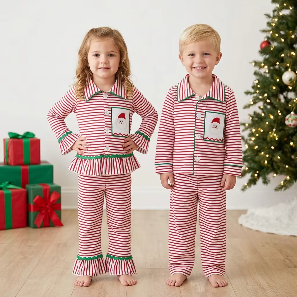 Sibling Toddler Girls Boys Christmas Santa Red Striped Buttons Pajama Set