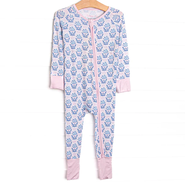(Custom Design Preorder MOQ 5 ) Blue Small Flowers Bows Print Baby Girls Fall Zipper Sleeper Romper