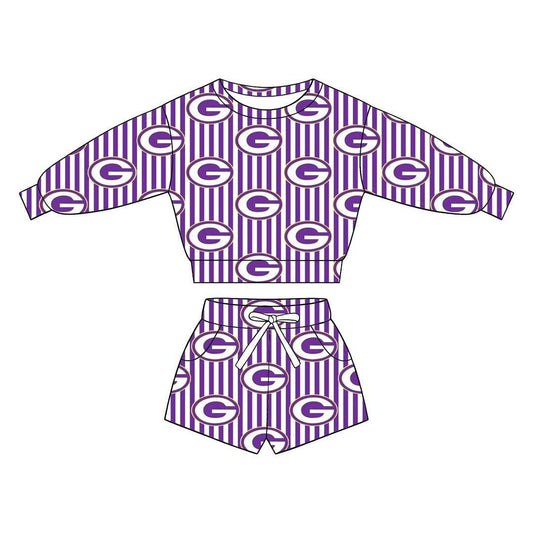 (Custom Design Preorder MOQ 5) Teams Gurdon Stripes Long Sleeve Top Pockets Shorts Mommy and Me Outfits