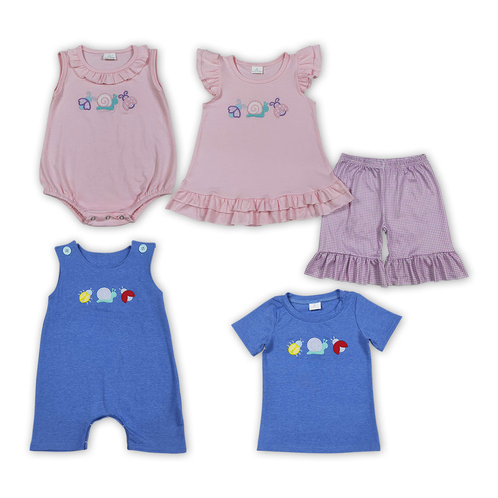 Sibling Baby Kids Embroidery Snails Ladybirds Top Shorts Clothes Set Ruffle Rompers