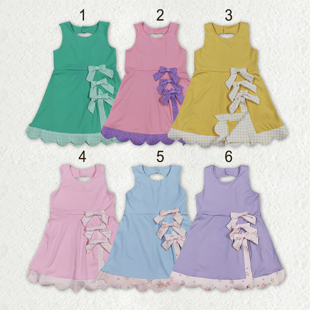 Sibling Baby Girls Sleeveless Bows Shorts Scallop Knee Length Dresses