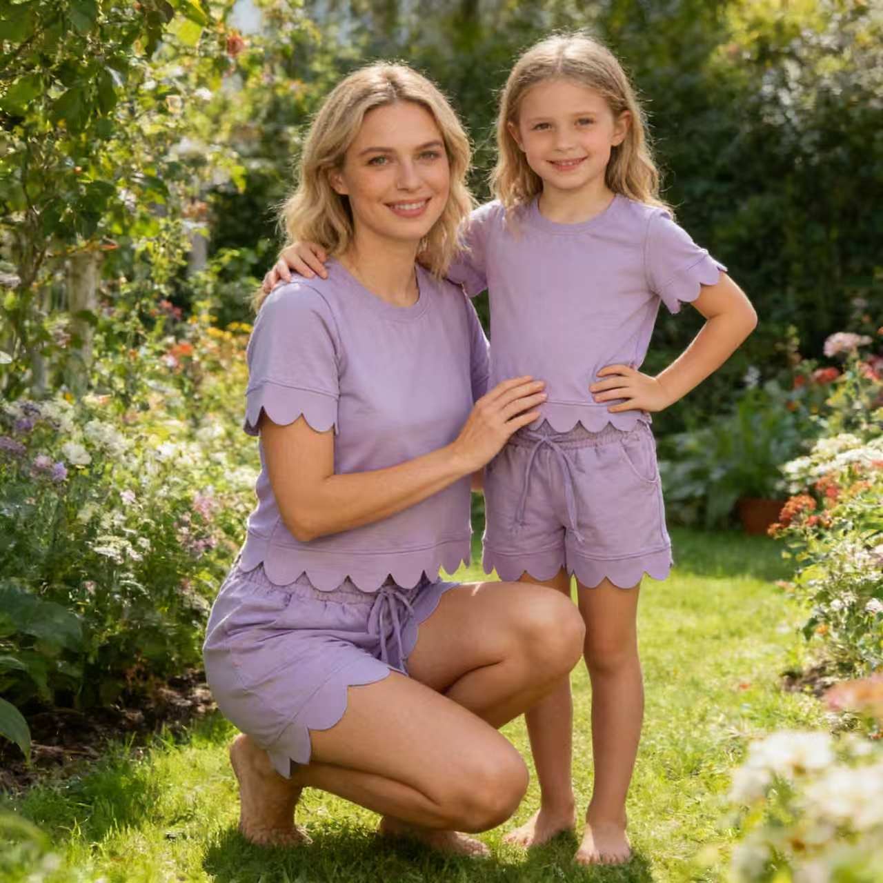 Mommy and Me  Lavender Scallop Outfits, Short Sleeve Two Piece Set for Mother Daughter