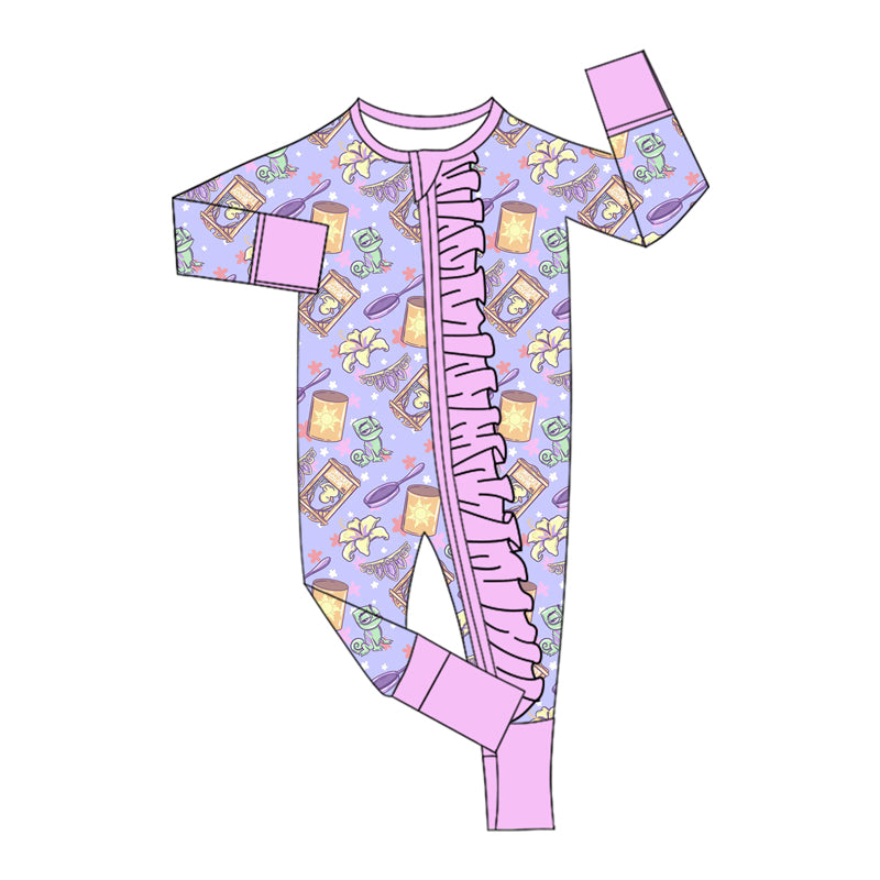 (Custom Design Preorder MOQ 5 ) Cartoon Princess Rapunze* Purple Print Baby Girls Zipper Sleeper Romper