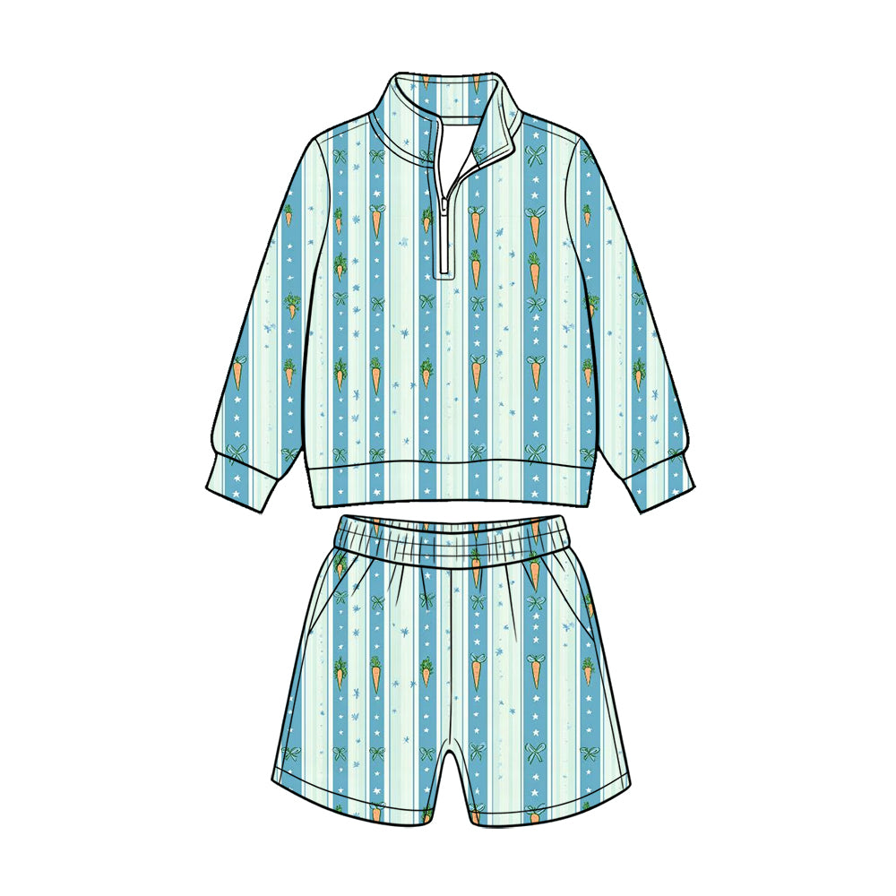 (Custom Design Preorder MOQ 5 Each) Eggs Bunny Print Long Sleeve Zipper Top Shorts Girls Easter Clothes Set Sisters Wear