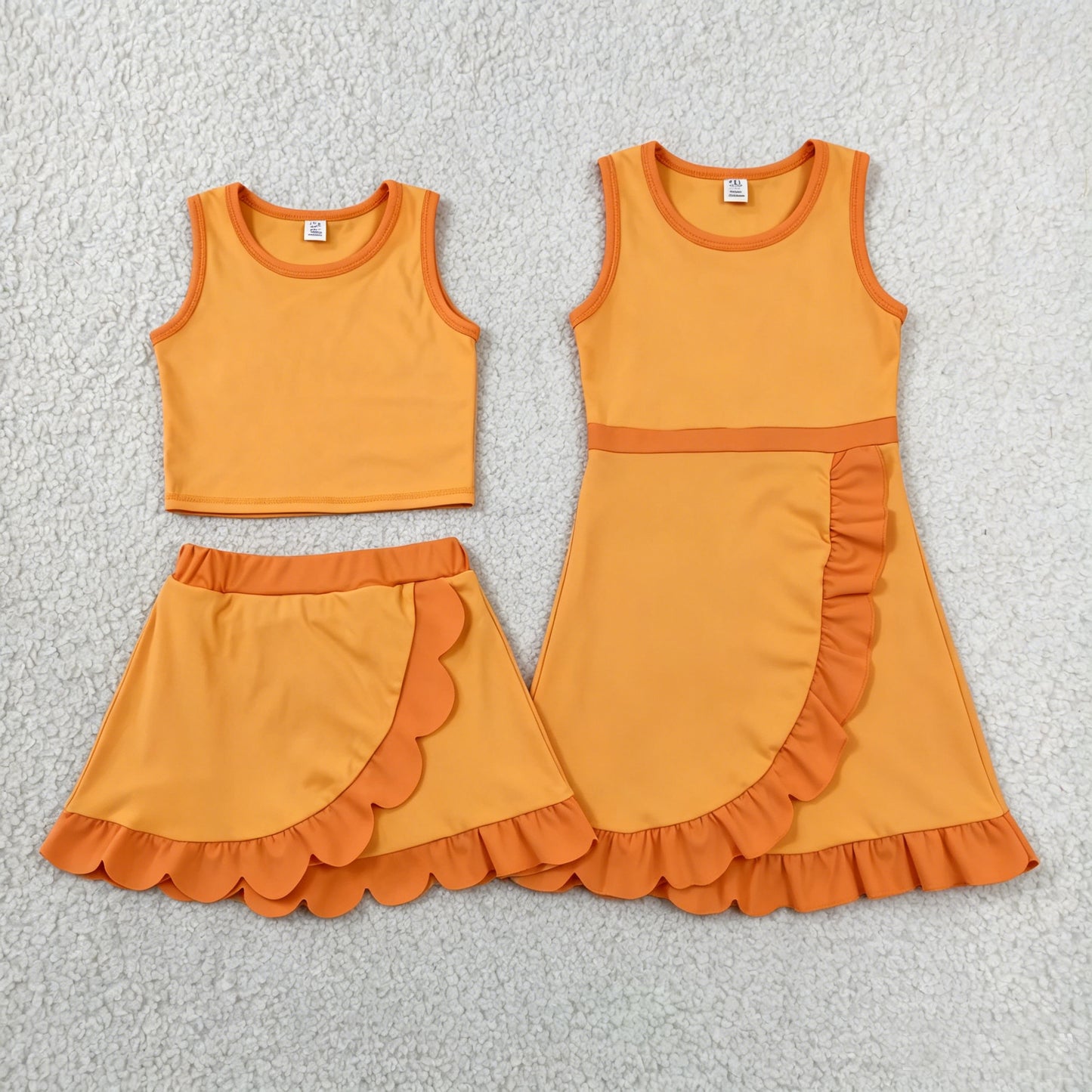 Toddler Sibling Kids Girls Orange Ruffle Dress & Skort Outfit Active Wear