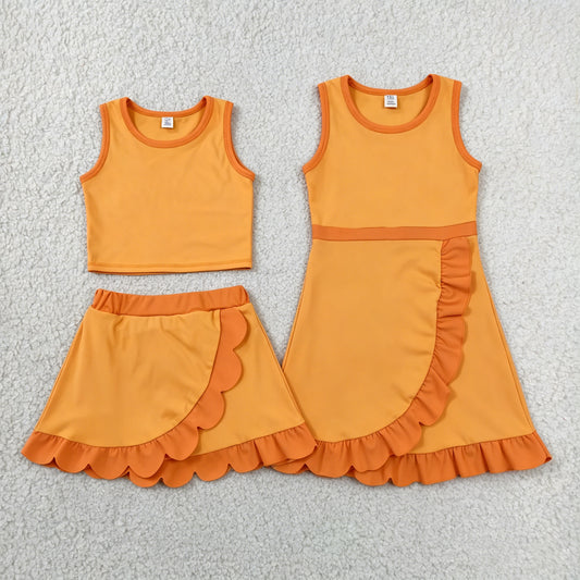 Toddler Sibling Kids Girls Orange Ruffle Dress & Skort Outfit Active Wear