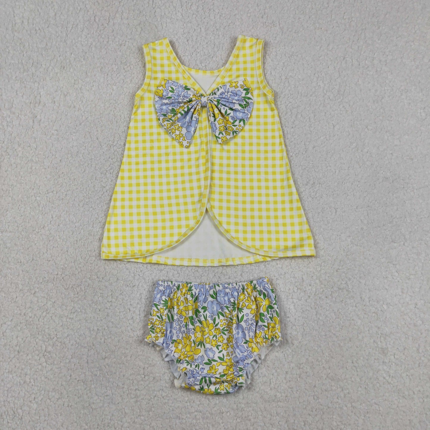 Yellow Plaid Backless Top Flowers Shorts Baby Girls Summer Bummie Set