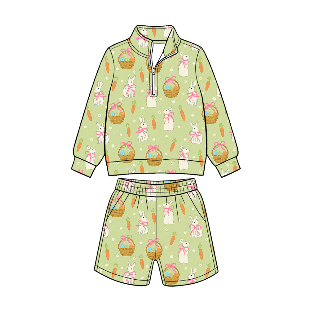 (Custom Design Preorder MOQ 5 Each) Eggs Bunny Print Long Sleeve Zipper Top Shorts Girls Easter Clothes Set Sisters Wear
