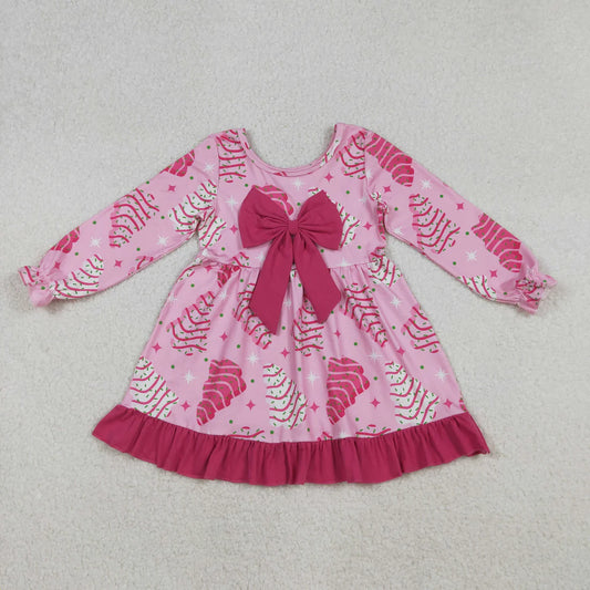 Baby Girls Christmas Tree Pink Long Sleeve Dress With Bow