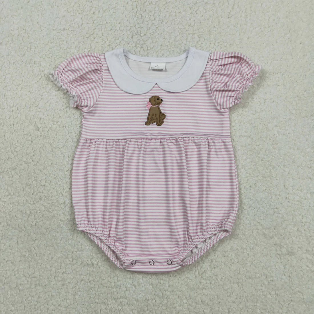 Embroidery Bow Dogs Baby Girls Pink Stripe Collar Ruffle Rompers