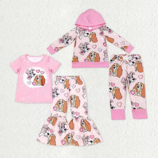 Sibling Baby  Girls Valentines Cartoon Dog Hoodie Outft Bell Bottom Pants Set