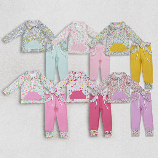 Sibling Baby Girls Colorful Floral Pocket Zip Pullovers Jogger Pants Clothes Sets