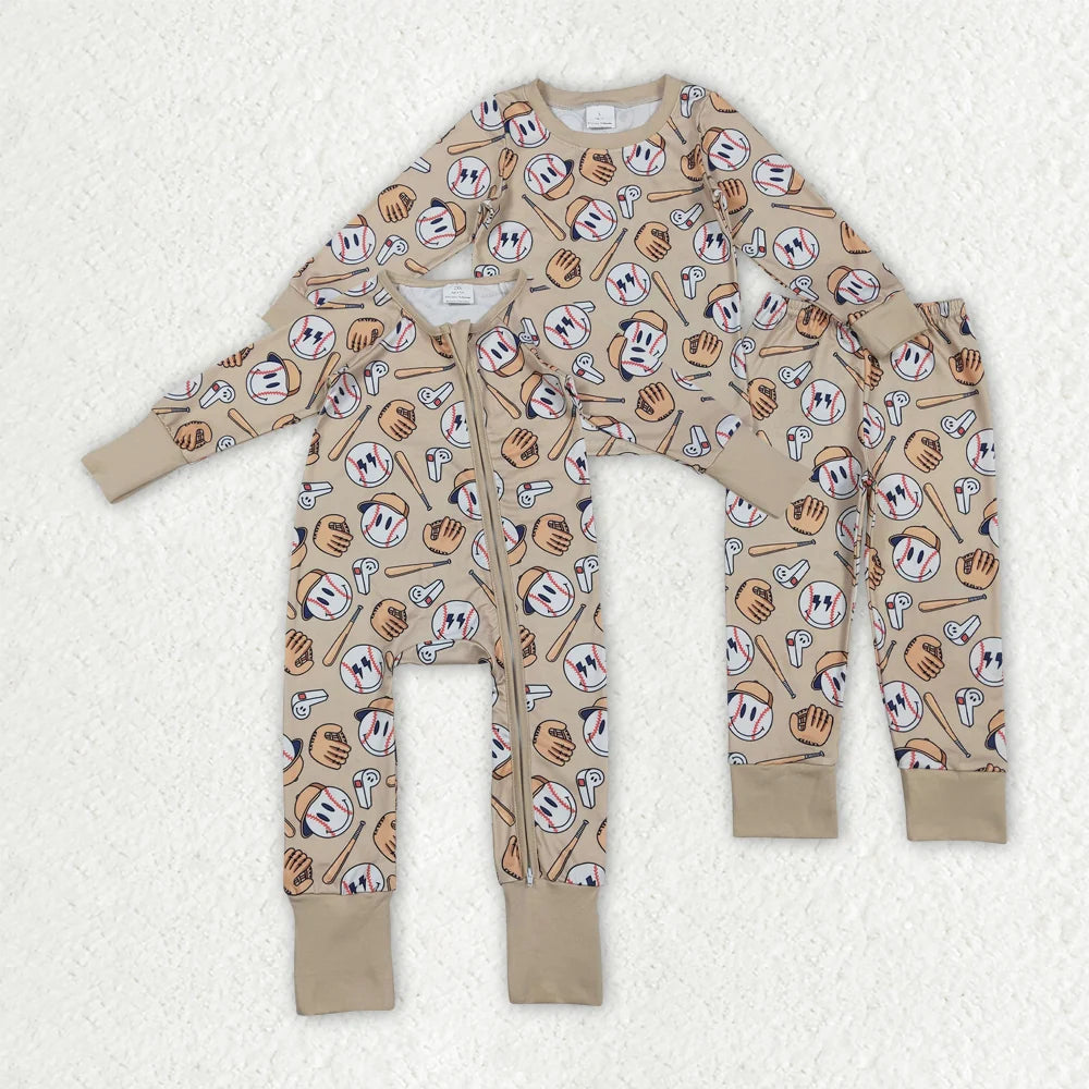 Sibling Baby Boys Baseball Long Sleeve Pajama Set Zipper Romper