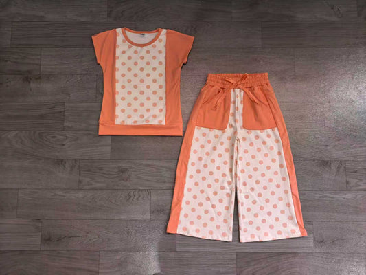 7.2 Preorder Girls Pink Color Block Polka Dot Short Sleeve Top & Wide Leg Capri Pants Outfit
