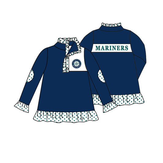 Preorder (moq 5)Baby Girls Blue Long Ruffle Sleeve Mariners Team Zip Pullovers Top