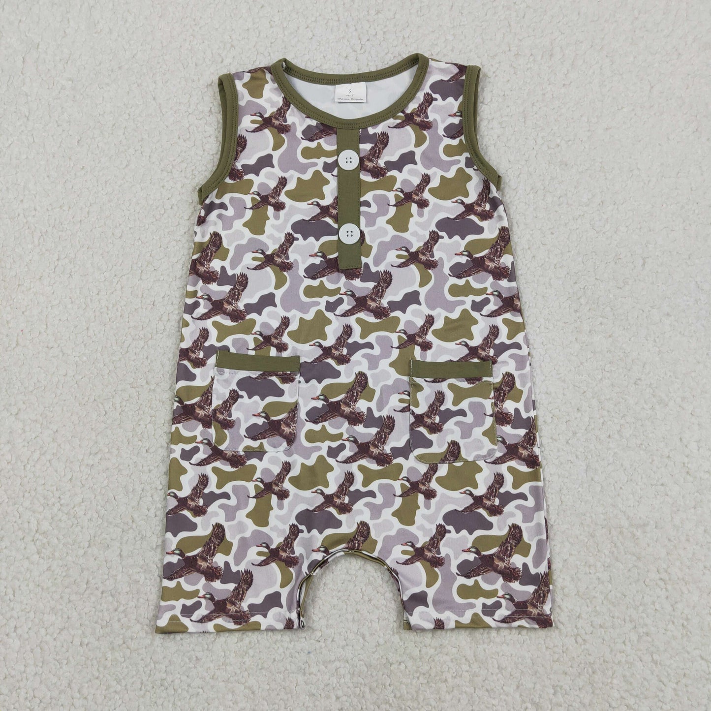 SR3946 Duck Green Grey Camo Print Pockets Baby Boys Summer Romper