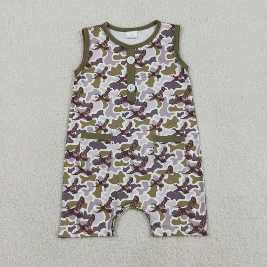SR3946 Duck Green Grey Camo Print Pockets Baby Boys Summer Romper