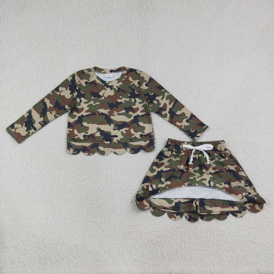GLD1620 Brwon Green Black Camo Long Sleeve Top Skort Girls Scallop Clothes Set