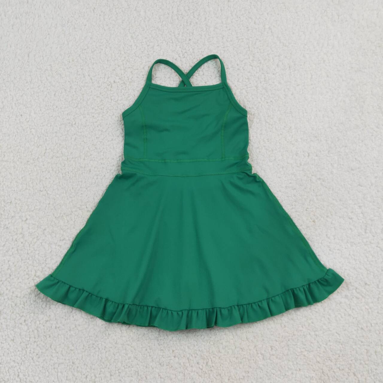 S0782 Green Girls Summer Strap Shorts Ruffle Knee Length Yoga Dress