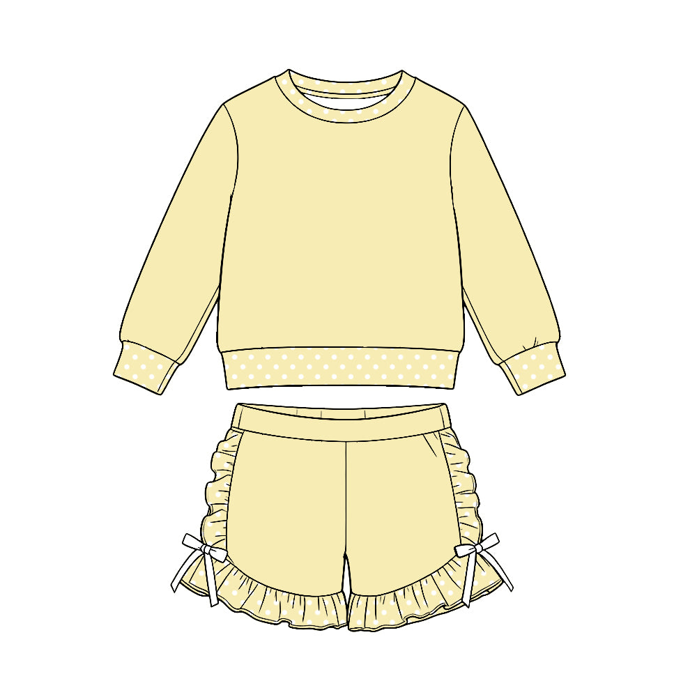 (Custom Design Preorder MOQ 5 Each)Girls Polka Dot Ruffle Hem Shorts Matching Long Sleeve Top Two Piece Set Sisters Wear