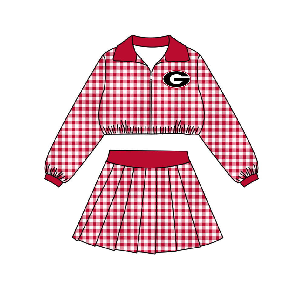 (Custom Design Preorder MOQ 5 Each)Teams Logo Checkered Print Long Sleeve Zipper Top Skort Girls Clothes Set Sisters Wear
