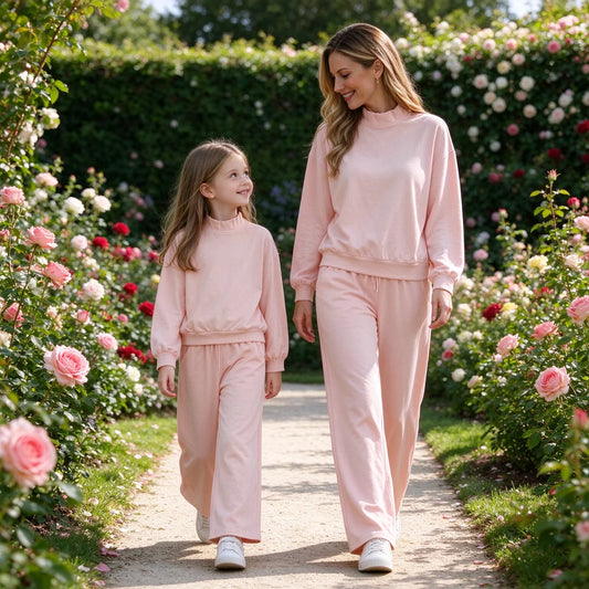 Mommy and Me  Peach Pink Solid Color Cotton Long Sleeve Top Pants Outfit
