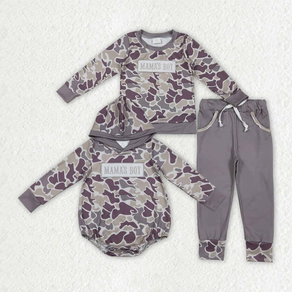 Sibling Baby Boys Embroidery Mama's Boy Grey Camo Pockets Pant Clothes Sets Hoodie Romper