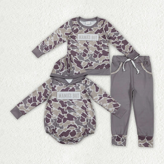 Sibling Baby Boys Embroidery Mama's Boy Grey Camo Pockets Pant Clothes Sets Hoodie Romper