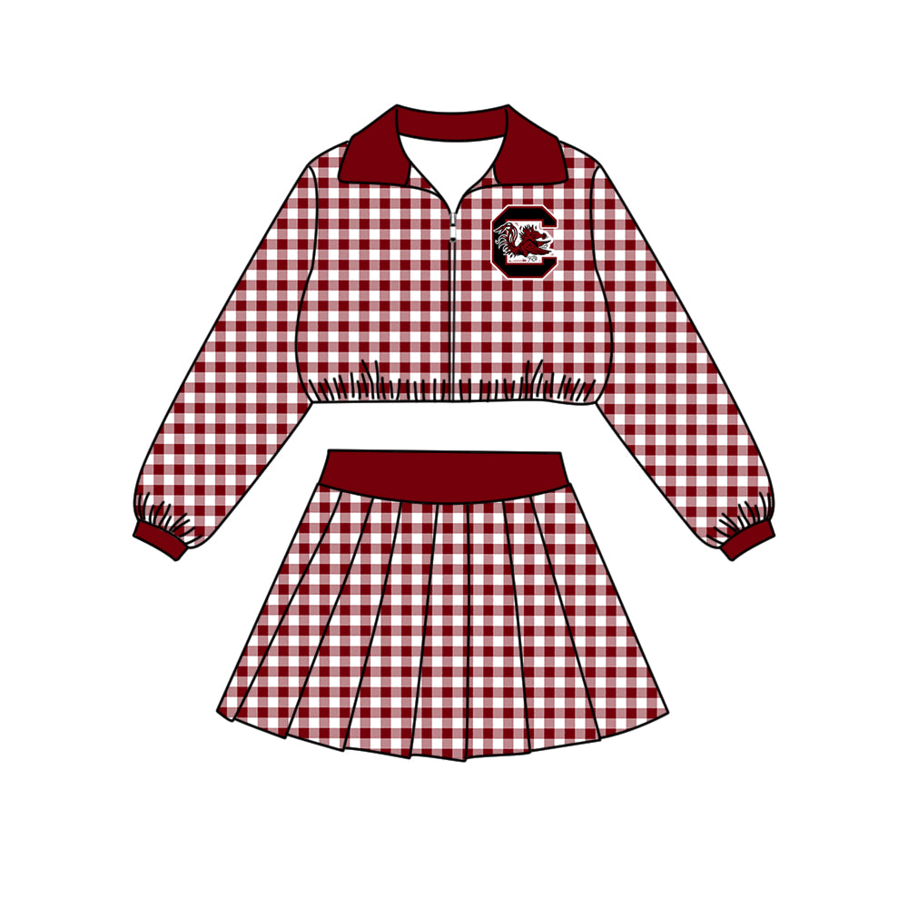 (Custom Design Preorder MOQ 5 Each)Teams Logo Checkered Print Long Sleeve Zipper Top Skort Girls Clothes Set Sisters Wear