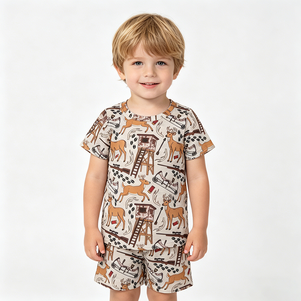 BSSO1559 Deer Hunting Camo Print Boys Summer Clothes Set