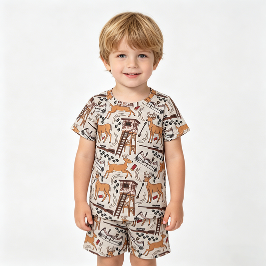 BSSO1559 Deer Hunting Camo Print Boys Summer Clothes Set