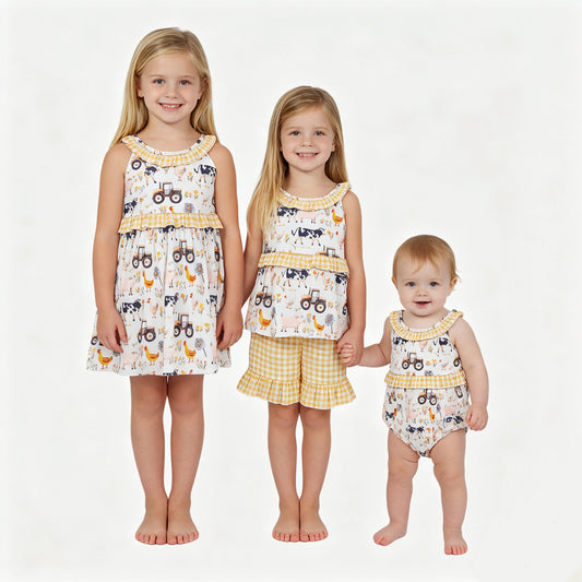 Baby Girls Sibling Summer Farm Animal Print Clothes