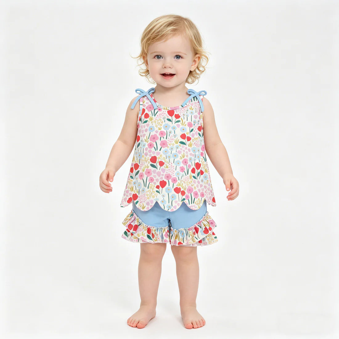 Sibling Baby Girls Colorful Flowers Scallop Tunic Ruffle Short Clothes Sets