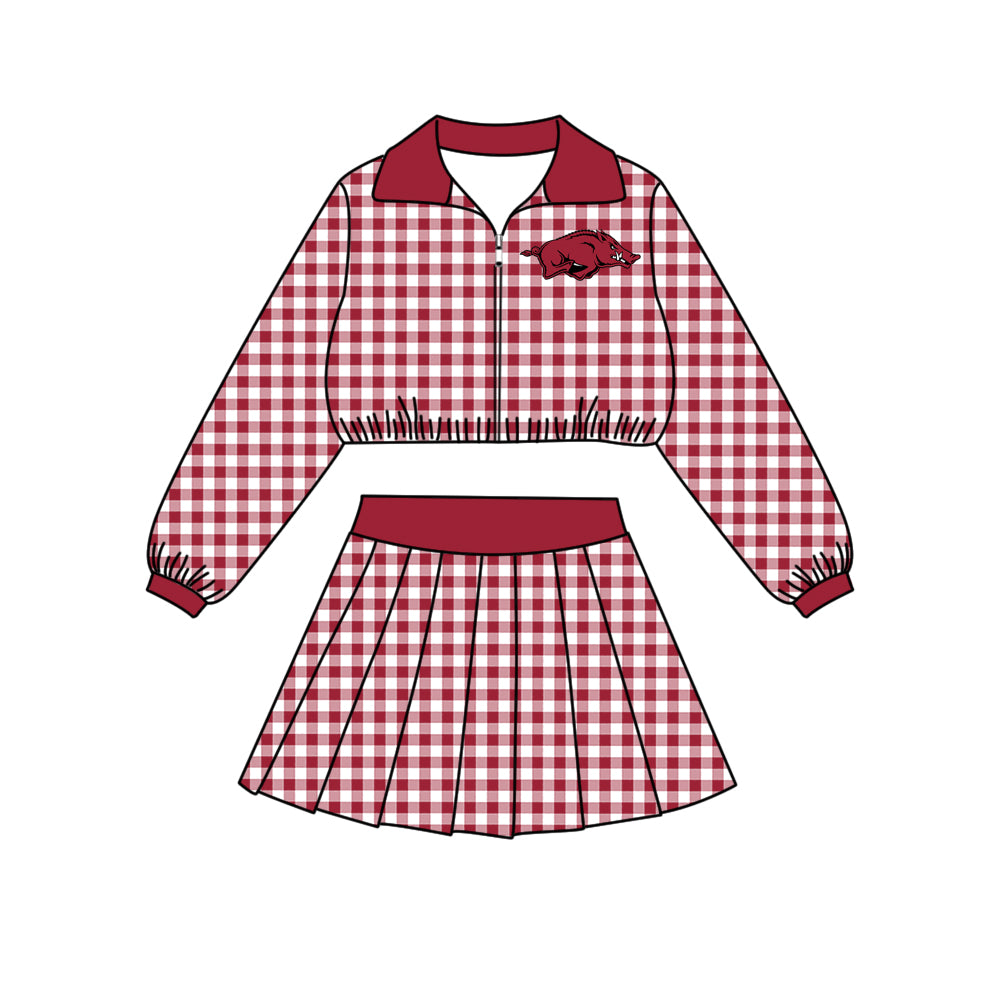 (Custom Design Preorder MOQ 5 Each)Teams Logo Checkered Print Long Sleeve Zipper Top Skort Girls Clothes Set Sisters Wear