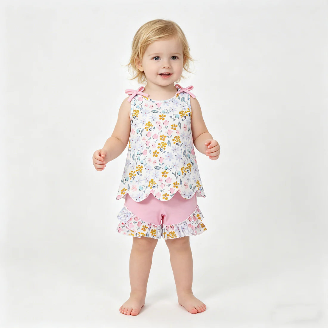 Sibling Baby Girls Colorful Flowers Scallop Tunic Ruffle Short Clothes Sets