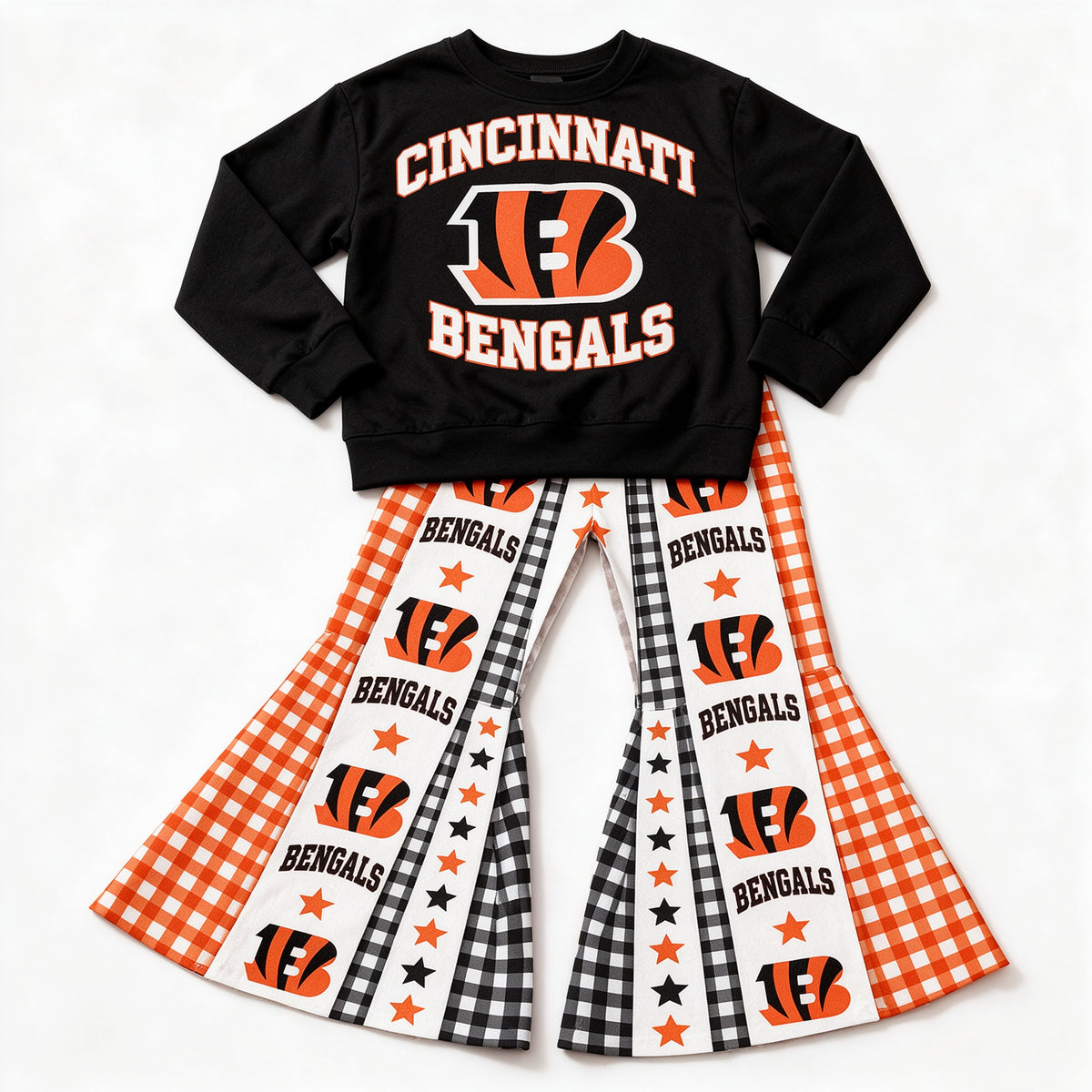 (Custom Design Preorder MOQ 5 Each) Baby Girls Sprot Team Bengals Bell Bottom Pants Outfit