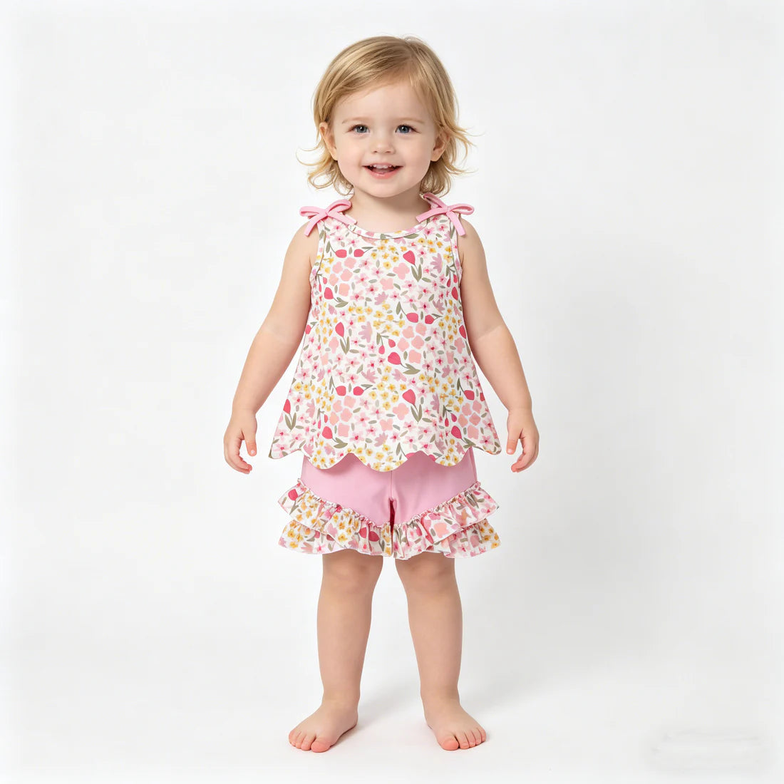 Sibling Baby Girls Colorful Flowers Scallop Tunic Ruffle Short Clothes Sets