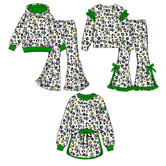 (Custom Design Preorder MOQ 5 Each) Dino Colorful Leopard Print Girls Mardi Gras Clothes Set Sisters Wear