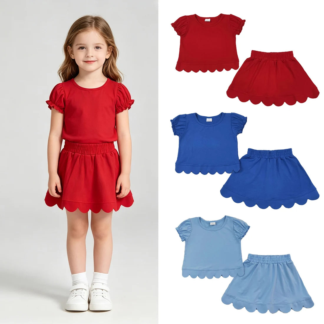 Sibling Baby Girls Solid Color Cotton Short Sleeve Top With Scalloped Skort Outfit