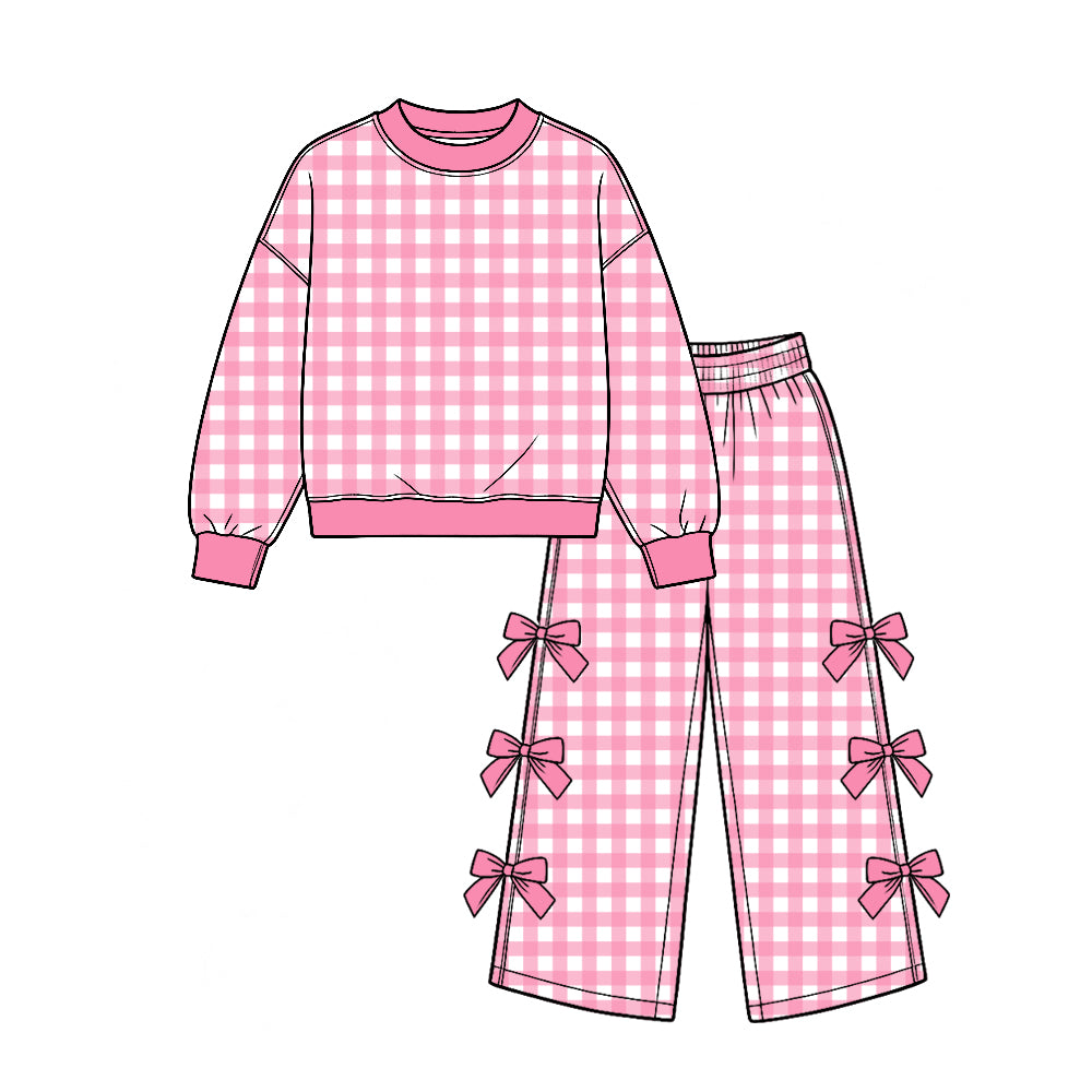 (Custom Design Preorder MOQ 5 Each) Checkered Print Long Sleeve Top Wide Leg Pants with Side Bows Girls Clothes Set Sisters Wear
