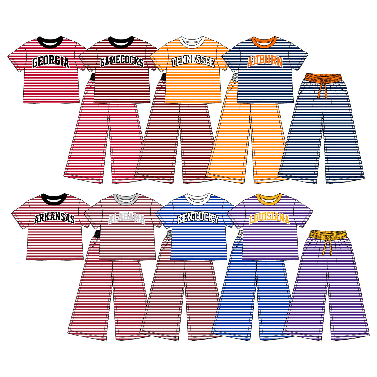 (Custom Design Preorder MOQ 5 Each)Teams Stripes Print Short Sleeve Top Straight Pockets Pants Girls Clothes Set Sisters Wear