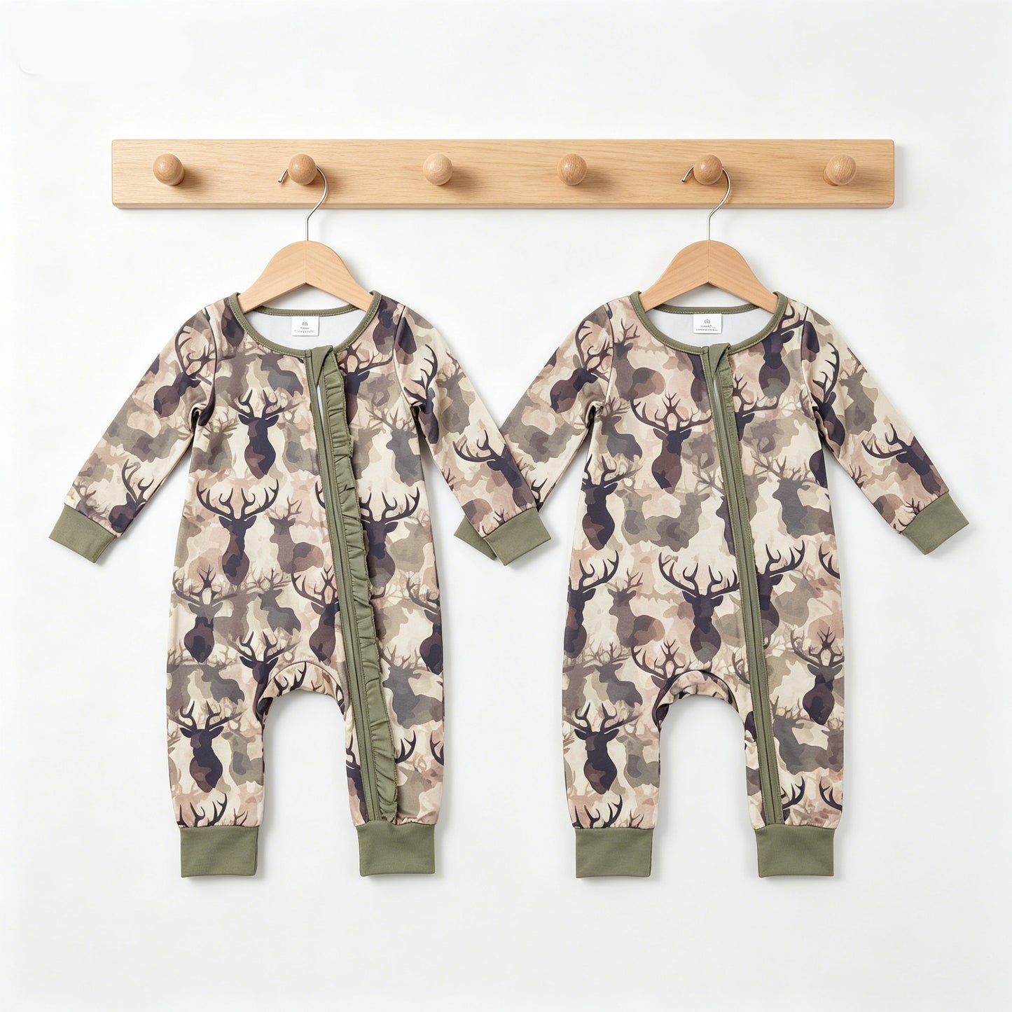 Sibling Baby Girls Boys Hunting Deer Camo Long Sleeve Zipper Romper