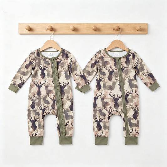 Sibling Baby Girls Boys Hunting Deer Camo Long Sleeve Zipper Romper