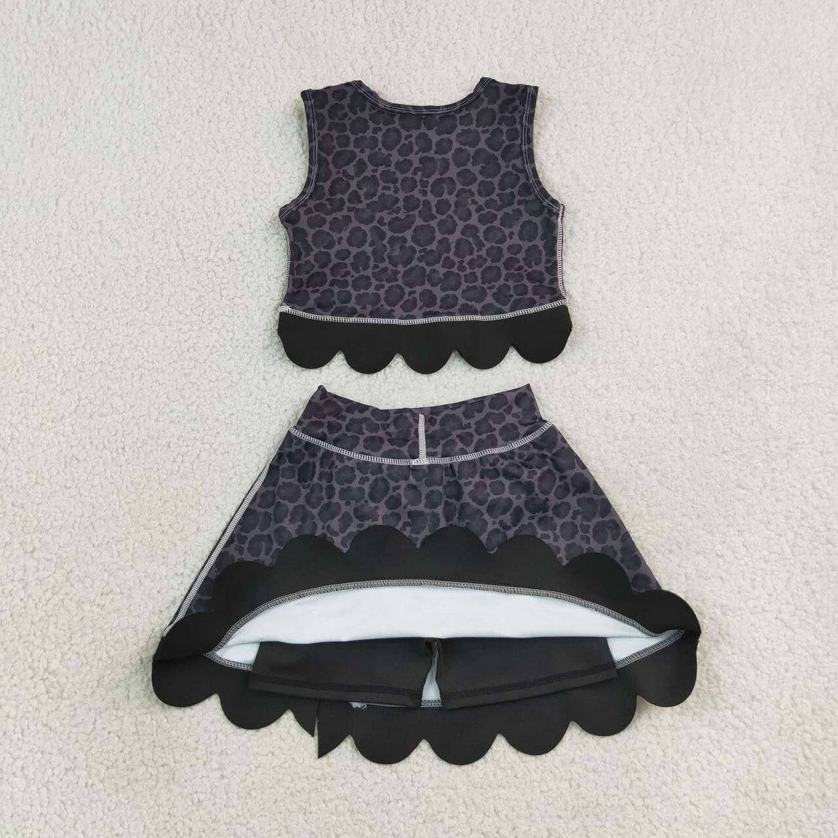 Black Leopard Tank Top  Scallop Skort Girls Summer Yoga Clothes Set