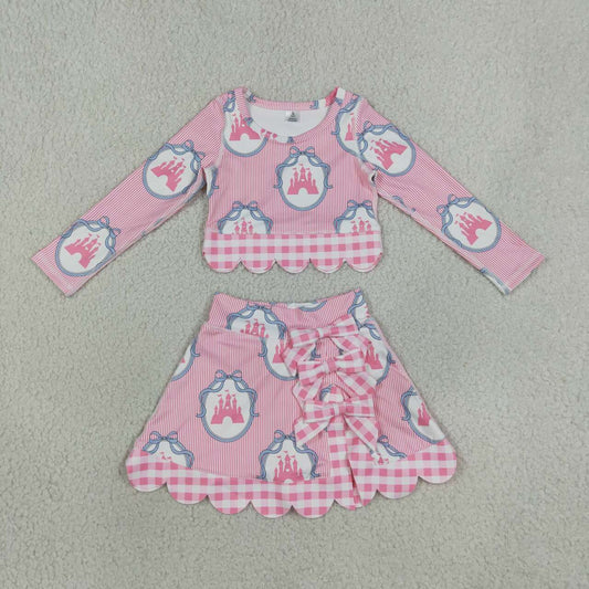 Castle Bows Long Sleeve Top Skirts Girls Scallop Yoga Clothes Set